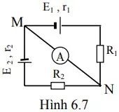 Câu 1: Mạch điện hình 6.7. Biết E1 = 12V; E2 = 6V; r1 = r2 = 1Ω; RA = 0; R1 = 2Ω; R2 = 5Ω. Tính cường độ dòng điện qua R2.
