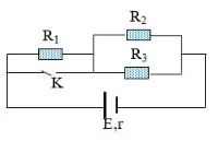 Câu 13: Cho mạch điện có sơ đồ như hình vẽ: Nguồn có điện trở trong r = 1 , R1 = 2 , R2 = 3 , R3 = 6 .Tỉ số cường độ dòng điện mạch ngoài khi K ngắt và khi K đóng là $\dfrac{{{I_{ngat}}}}{{{I_{dong}}}}$ bằng.