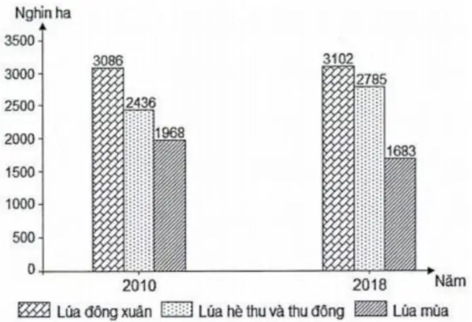 Câu 16: Cho biểu đồ: (Số liệu theo Niên giám thống kê Việt Nam 2018, NXB Thống kê, 2019) Theo biểu đồ, nhận xét nào đúng về diện tích lúa các mùa vụ của nước ta năm 2018 so với năm 2010?