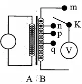 Câu 16: Khảo sát thực nghiệm một máy biến áp có cuộn sơ cấp A và cuộn thứ cấp B. Cuộn A được nối với mạng điện xoay chiều có điện áp hiệu dụng không đổi. Cuộn B gồm các vòng dây quấn cùng chiều, một số điểm trên B được nối ra các chốt m, n, p, q (như hình bên), số chỉ của vôn kế V có giá trí lớn nhất khi khóa K ở chốt nào sau đây?
