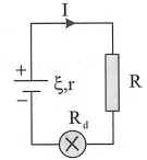 Câu 23: Cho một mạch điện như hình vẽ. Trong đó $\xi =6$ V; $r=0,1\,\Omega $, ${{R}_{}}=11\,\Omega $, $R=0,9\,\Omega $. Biết đèn dây tóc sáng bình thường. Hiệu điện thế định mức và công suất định mức của bóng đèn lần lượt là