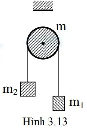 Câu 24: Một sợi dây nhẹ, không co giãn, vắt qua ròng rọc có dạng đĩa tròn đồng chất, khối lượng m = 800g, hai đầu dây buộc chặt hai vật nhỏ khối lượng m1 = 2,6 kg và m2 = 1 kg (hình 3.13). Thả cho hai vật chuyển động theo phương thẳng đứng, biết dây không trượt trên ròng rọc. Bỏ qua ma sát ở trục ròng rọc, lấy g = 10 m/s 2 . Lực căng dây treo vật m2 là: