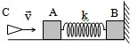 Câu 31: Cho hai vật nhỏ A và B có khối lượng lần lượt là m1 = 900 g, m2 = 4 kg đặt trên mặt phẳng nằm ngang. Hệ số ma sát trượt giữa A, B và mặt phẳng ngang đều là m = 0,1; coi hệ số ma sát nghỉ cực đại bằng hệ số ma sát trượt. Hai vật được nối với nhau bằng một lò xo nhẹ có độ cứng k = 15 N/m; B tựa vào tường thẳng đứng. Ban đầu hai vật nằm yên và lò xo không biến dạng. Vật nhỏ C có khối lượng m = 100 g bay dọc theo trục của lò xo với vận tốc $\vec{v}$ đến va chạm hoàn toàn mềm với A (sau va chạm C dính liền với A). Bỏ qua thời gian va chạm. Lấy g = 10 m/s2. Giá trị nhỏ nhất của v để B có thể dịch chuyển sang trái là
