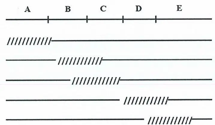 Câu 36: Các trình tự một opêron ở vi NST khuẩn E.coli nằm trong đoạn NST được kí hiệu từ A đến E. Để xác định các trình tụ̣ của opêron này, người ta sử dụng 5 trường hợp đột biến mất đoạn như hình bên (các đường gạch chéo biểu hiện đoạn bị mất). Kết quả thu được trường hợp 4 và 5 có các gen cấu trúc luôn được phiên mã; trường hợp 2 và 3 có các gen cấu trúc luôn không được phiên mã; trường hợp 1 chua xác định được mức biểu hiện của các gen cấu trúc trong opêron. Trong các phát biểu sau, phát biểu nào về trình tự opêron trên là đúng?